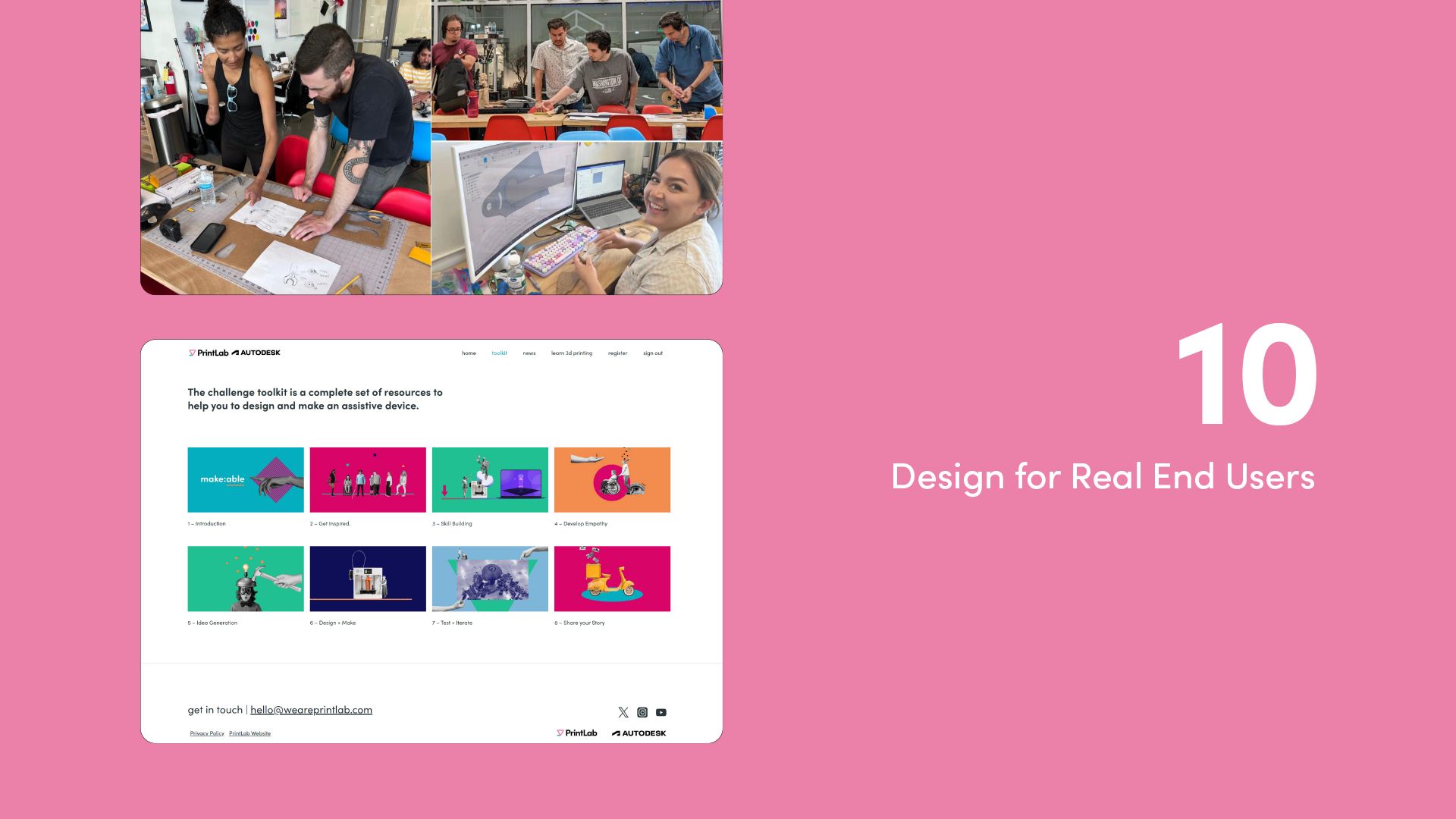 2 website screens showing the step 10 - designing for real end users courses from PrintLab's AT pathway.