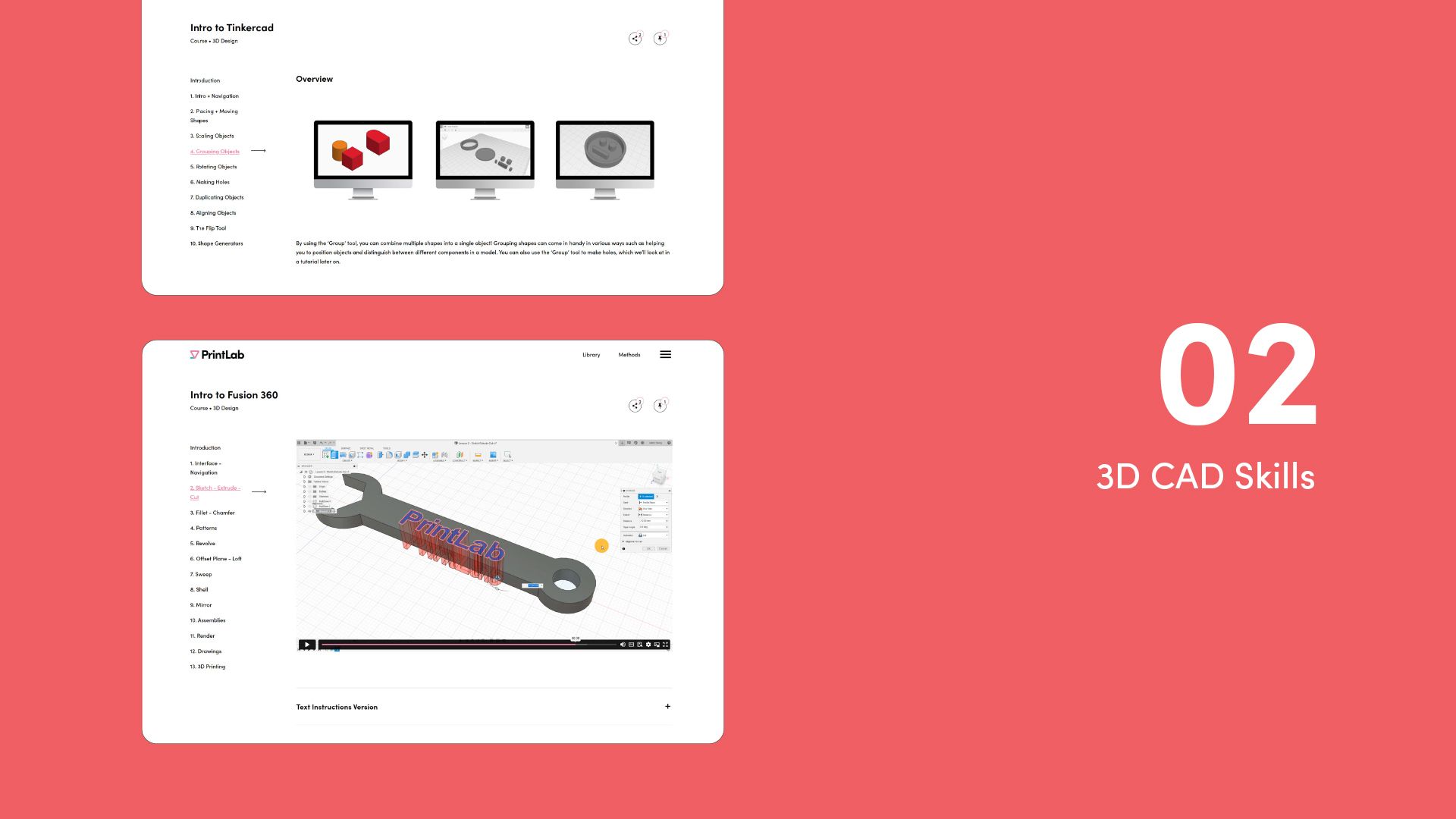 2 website screens showing the step 2 - 3d cad courses from PrintLab's AT pathway.