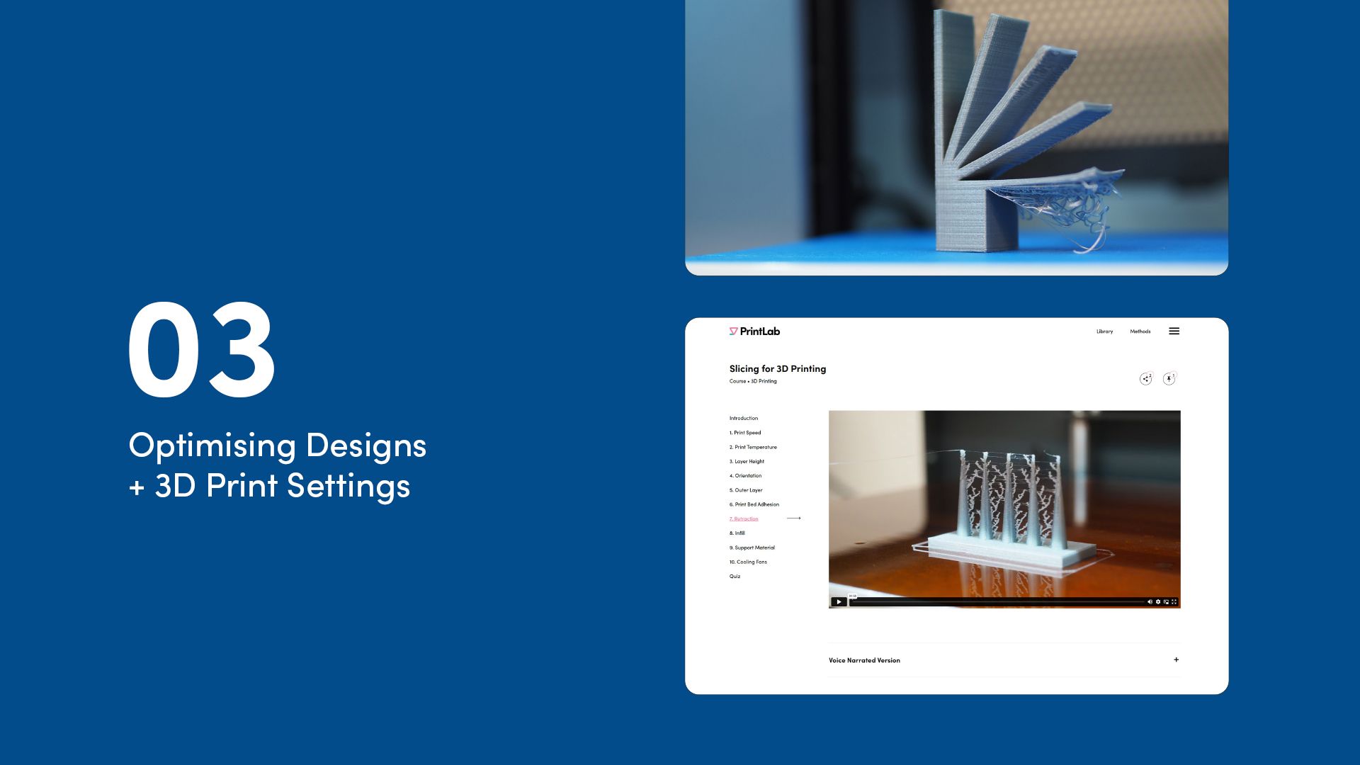 2 website screens showing the step 3 - optimising designs and slicing courses from PrintLab's AT pathway.