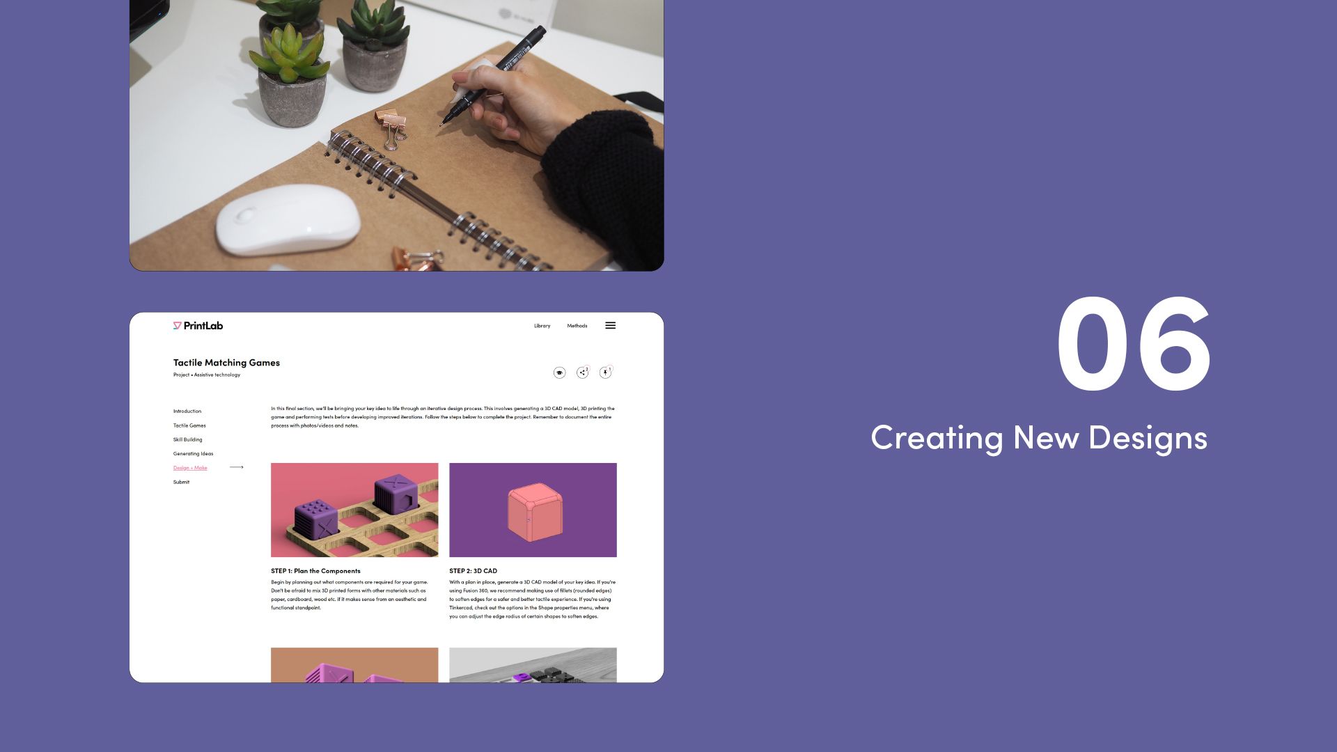 2 website screens showing the step 6 - creating new designs courses from PrintLab's AT pathway.