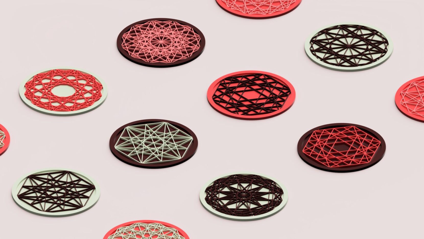 A digital 3D render of a series of colourful geometric coasters - created by importing SVGs into Tinkercad.