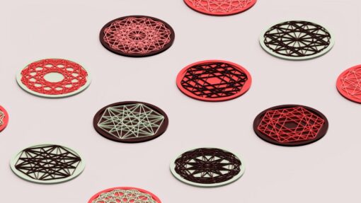 A digital 3D render of a series of colourful geometric coasters - created by importing SVGs into Tinkercad.