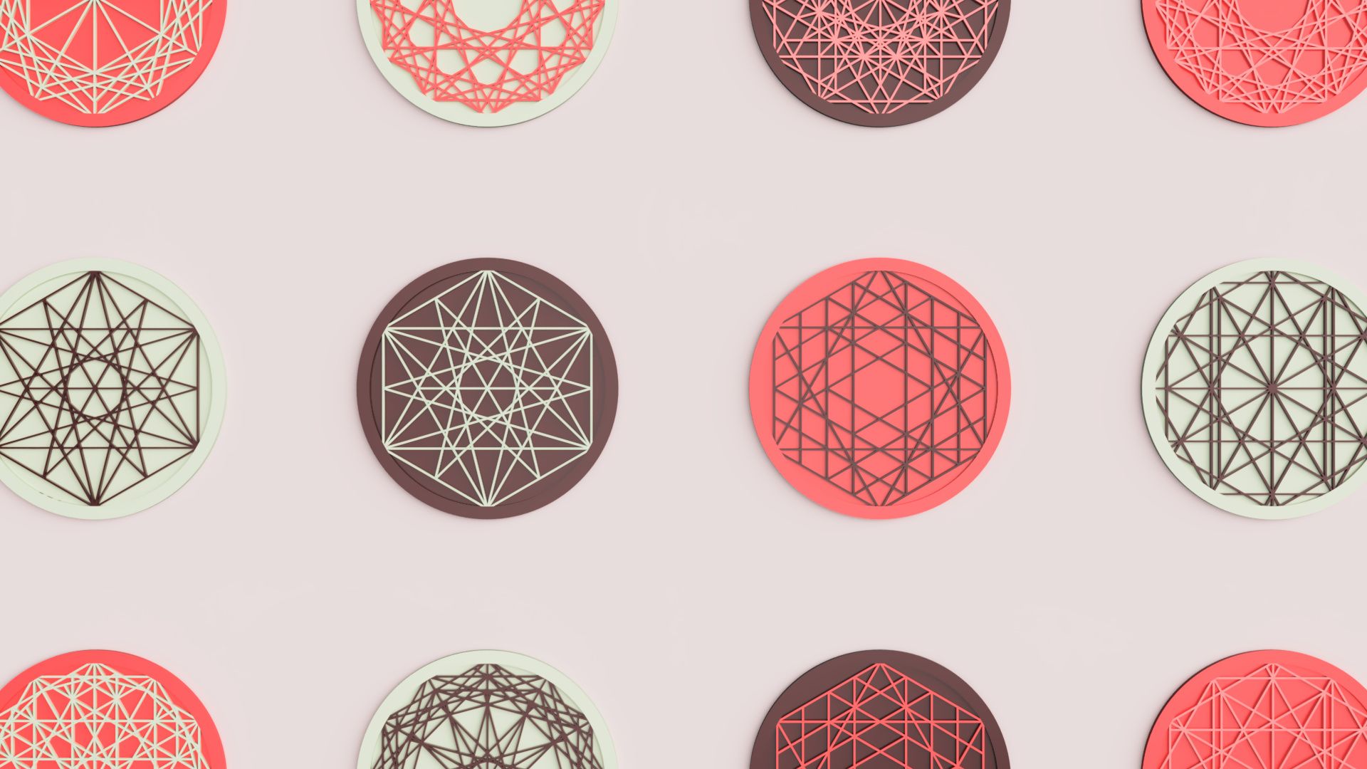 A digital 3D render of a series of colourful geometric coasters - created by importing SVGs into Tinkercad.