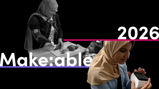 Collage image of a person chopping vegetables with a 3D printed assistive arm aid, and another person using a 3D printed tactile braille keyboard.