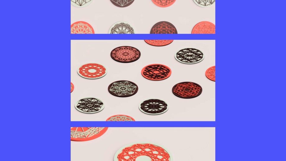 A set of 3 graphic renders showing geometric coaster designs.