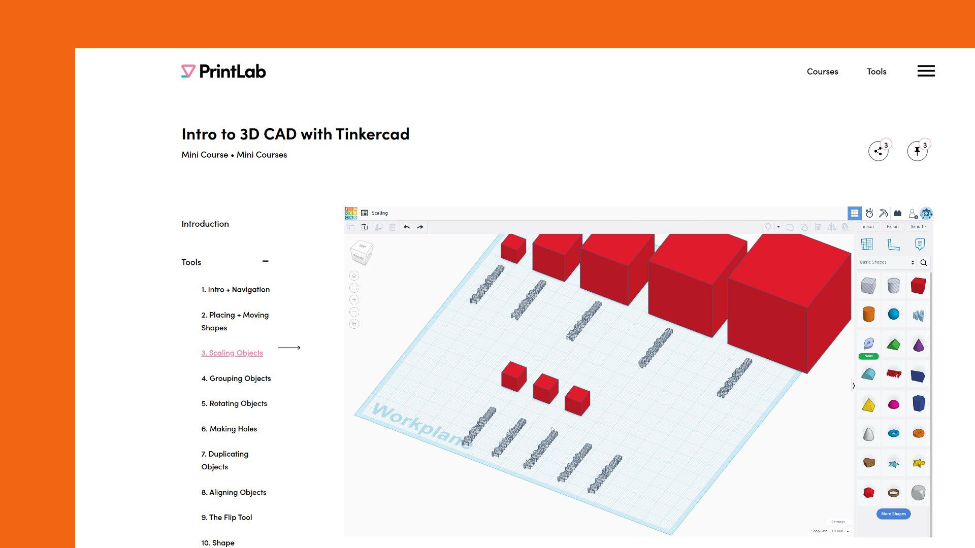 A website screen showing PrintLab's Intro to Tinkercad online course.