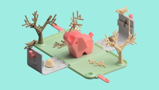 A colourful graphical render of the 3D-printed Pinchee game created in Autodesk Fusion, featuring bold pastel colours.
