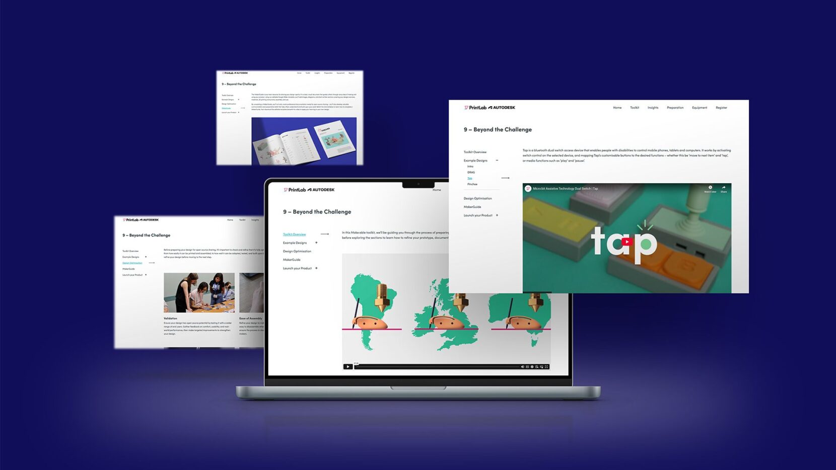 Laptop screens showing the 'Beyond the Challenge' toolkit from the Make:able Challenge.