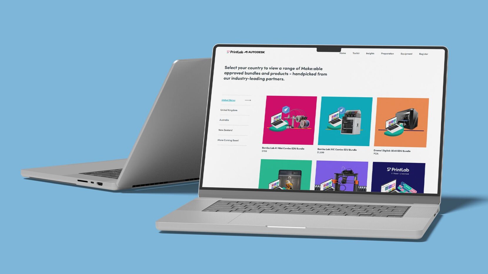 A laptop displaying the shop section of the Make:able website - featuring various 3D printer bundles.