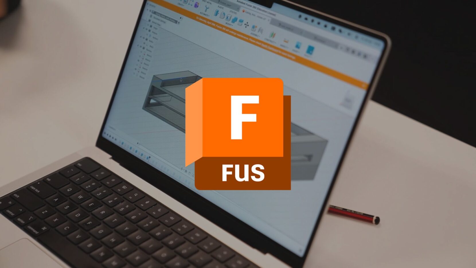 Autodesk Fusion logo overlaid onto an image of a laptop displaying an accessible wallet 3D model.
