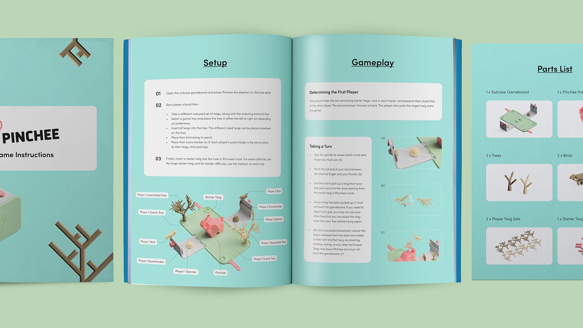 Multiple documents showing different pages with the Pinchee game instructions.