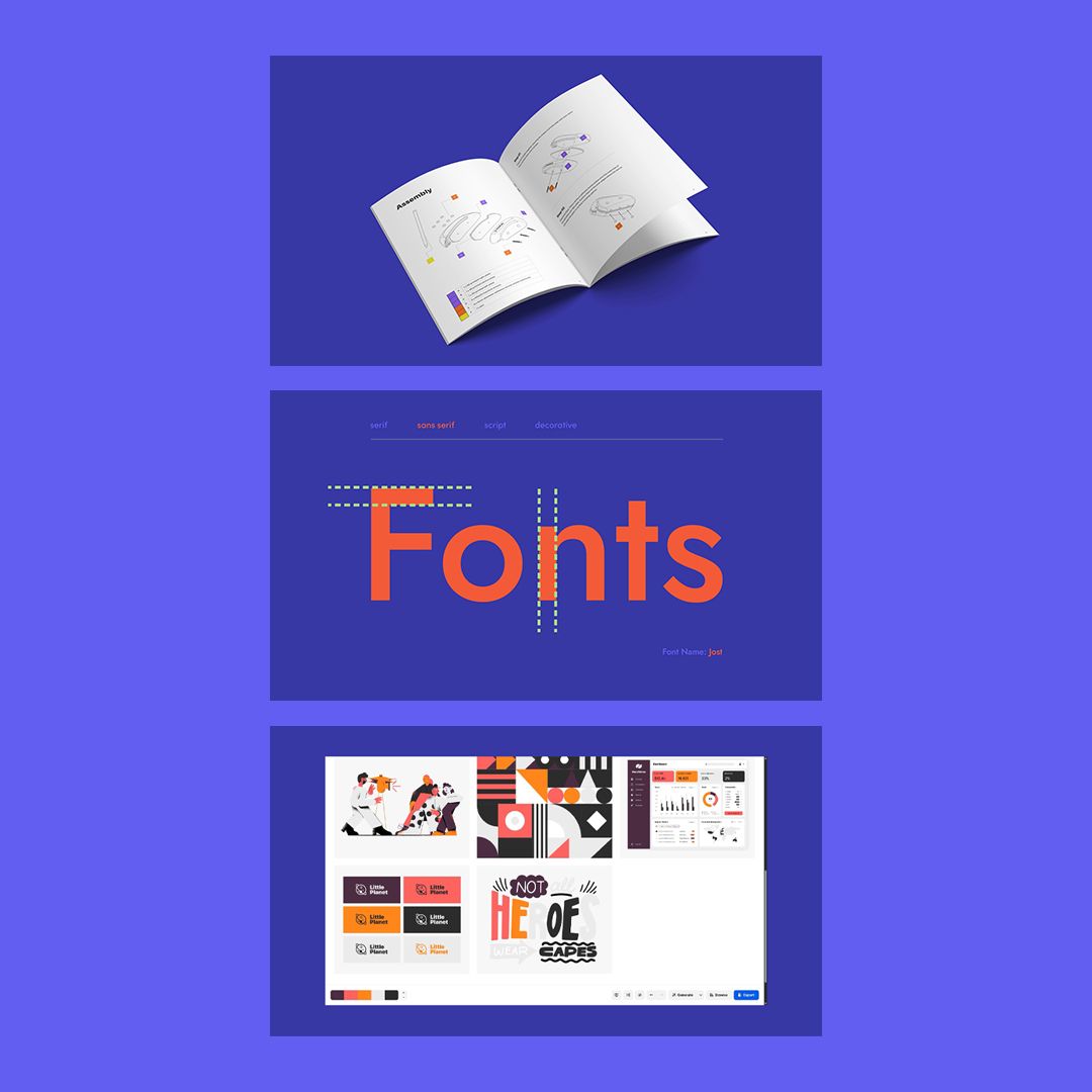 3 graphics showing snapshots of PrintLab's product branding course - including line diagrams, fonts and colour palettes.
