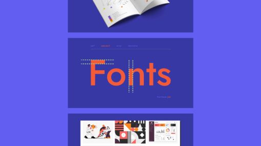 3 graphics showing snapshots of PrintLab's product branding course - including line diagrams, fonts and colour palettes.