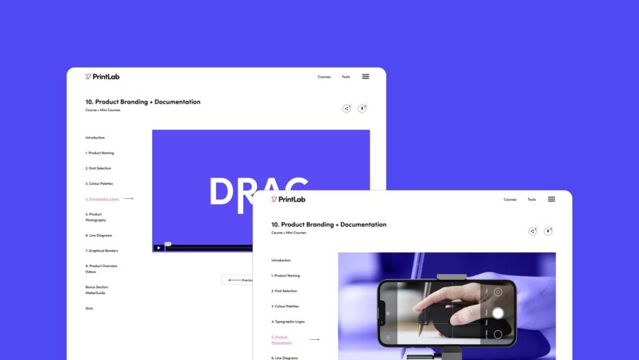 2 website screens showing the videos for PrintLab's typographic logos and product photography modules.