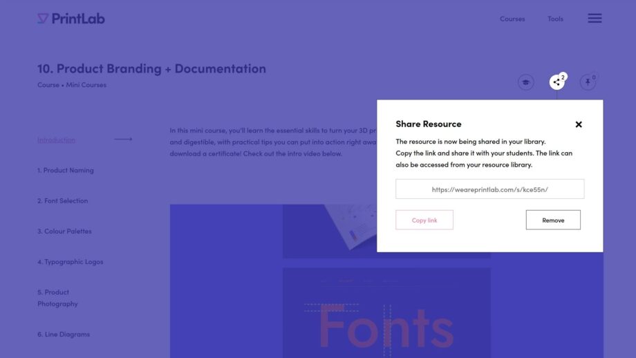 A website screen highlighting the share link feature from PrintLab's branding course.
