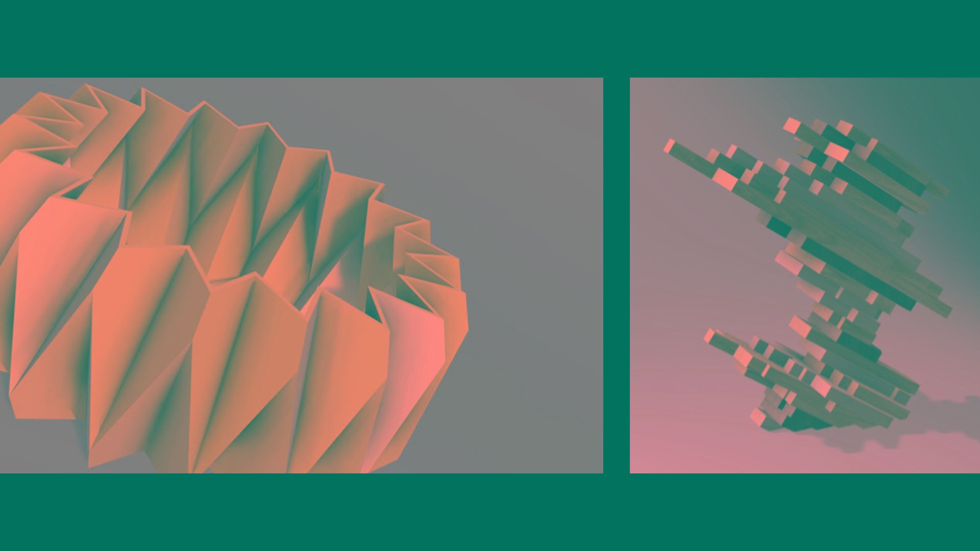 2 Autodesk Fusion renders. One of a geometric vessel, and the other a wood sculpture made up of rectangular blocks pointing at a 45 degree angle.