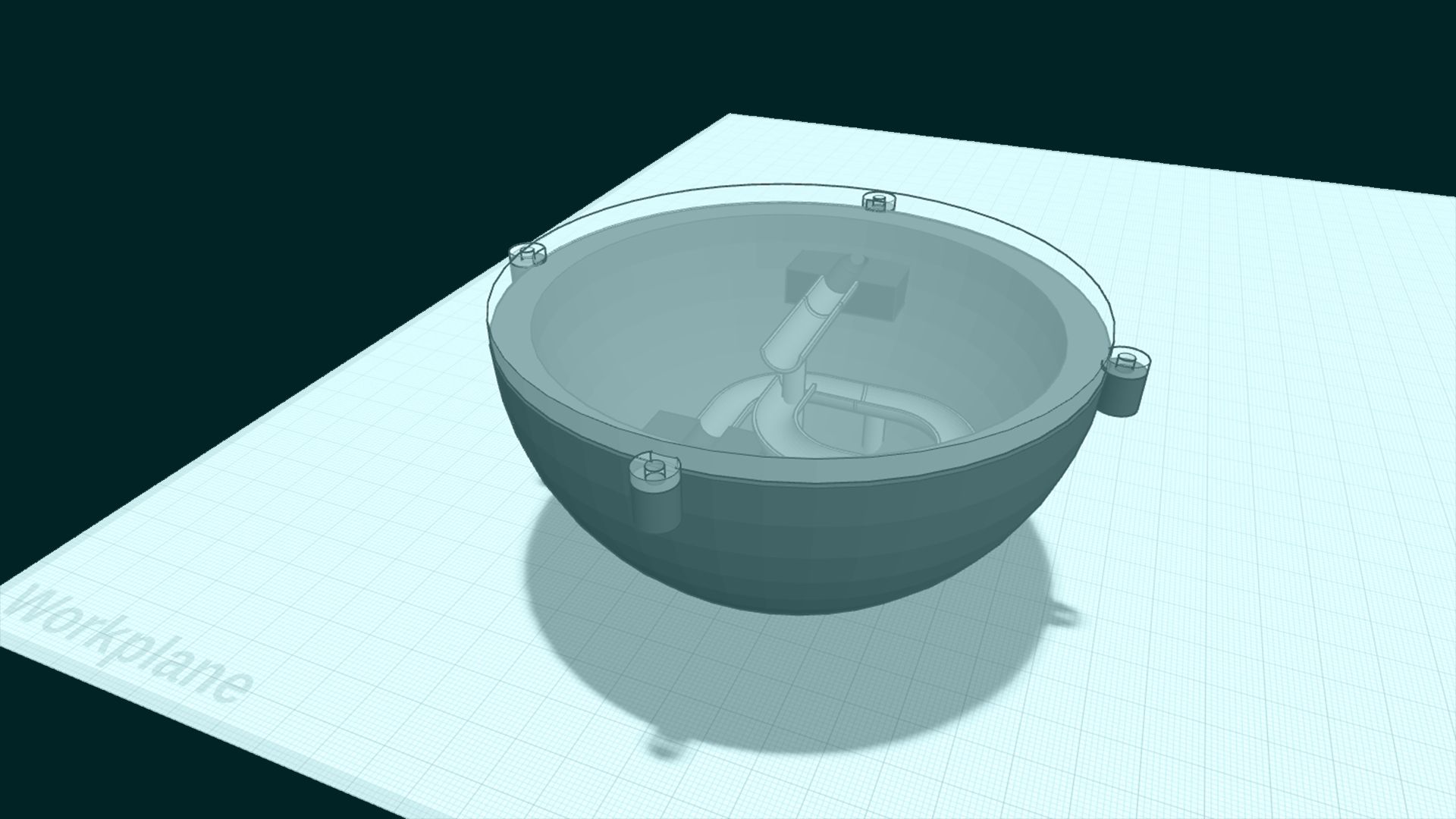 A Tinkercad design of a marble run inside a bowl shaped shell.