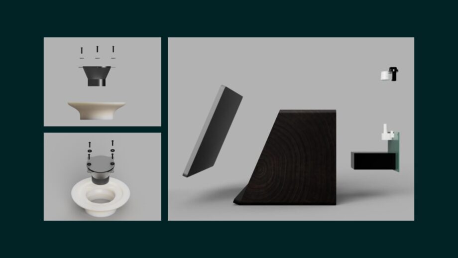 3 exploded renders of a Dieter Rams style iPad speaker.
