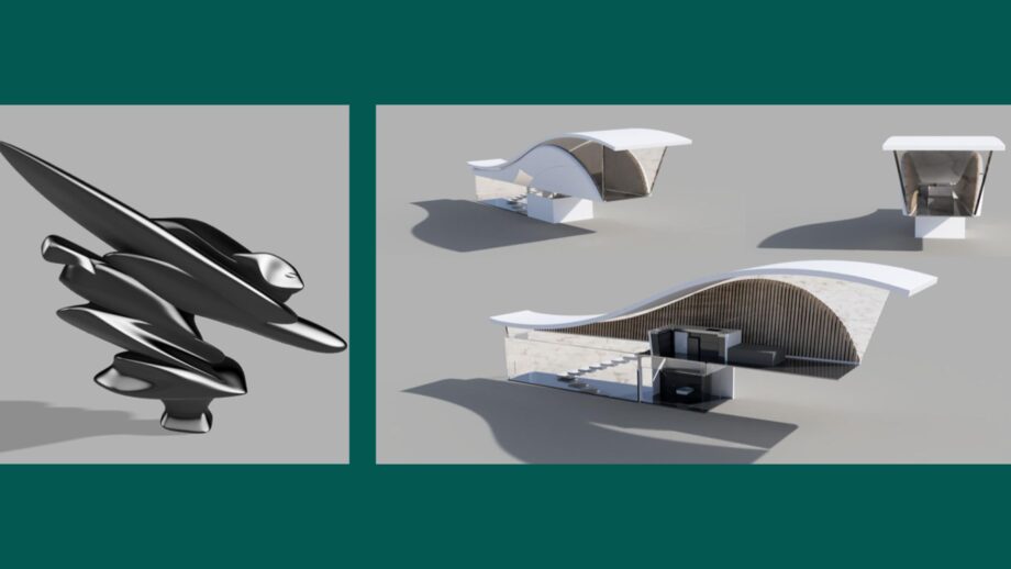 2 images on a green background. Image 1 is a Tony Cragg style sculpture. Image 2 is 3 architectural renders of a modernist escape design.