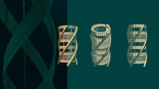 Graphical renders of a speaker and steam bent lamp design - both utilising geometric spiral features.