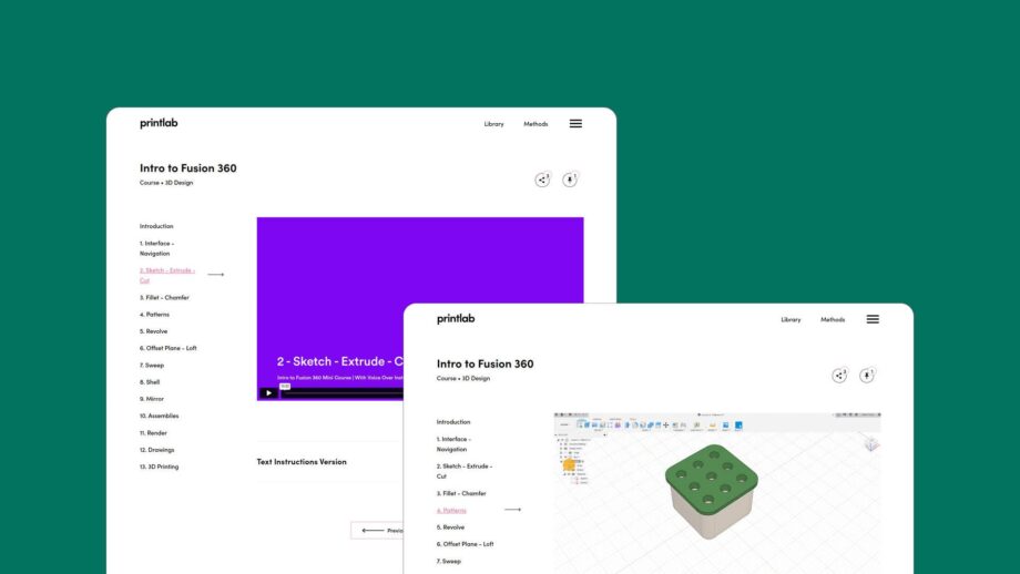 2 website screens showing the course learning platform for PrintLab's Intro to Fusion CAD course.