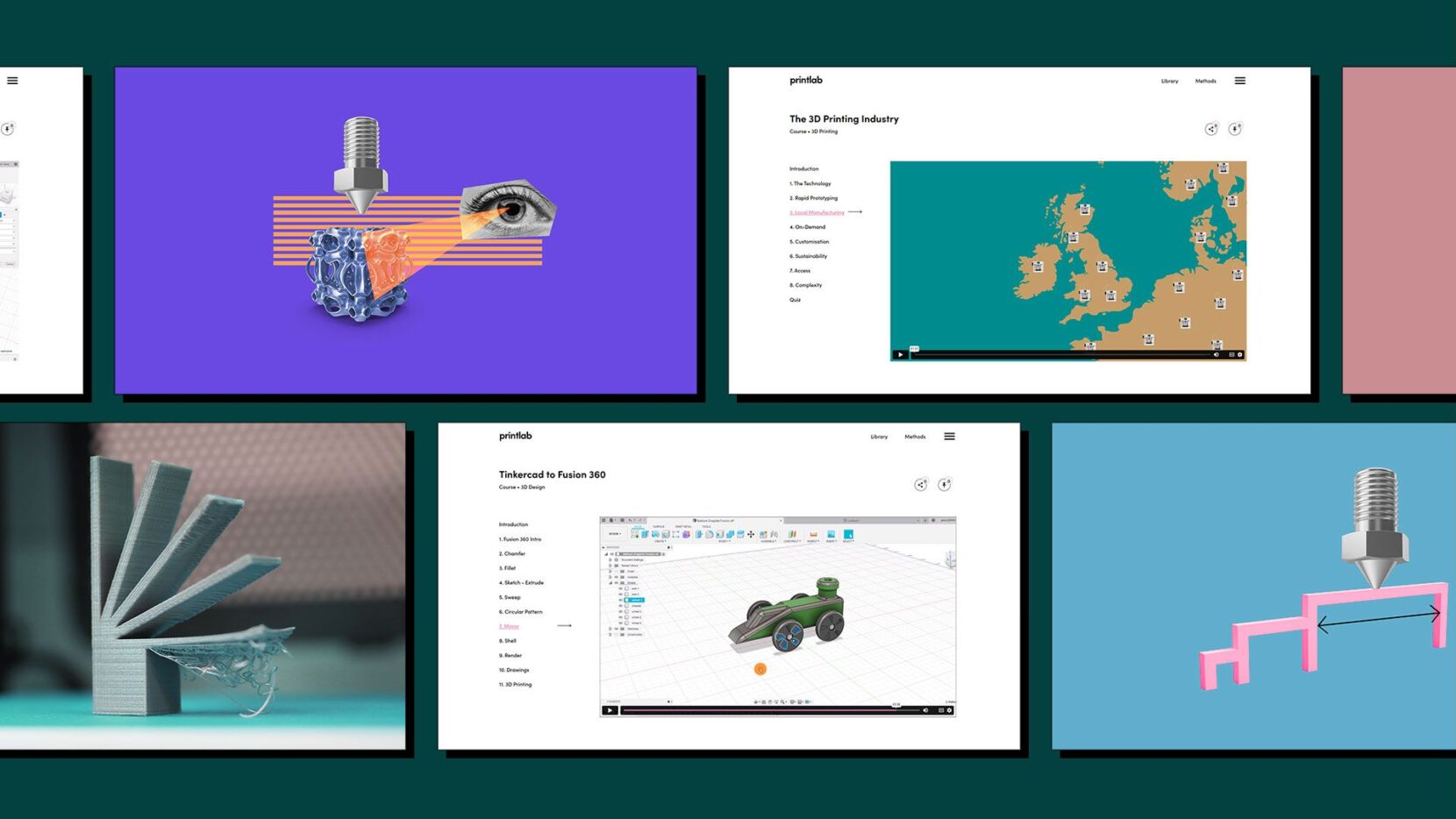 Various screenshots from PrintLab's 3D printing mini courses.