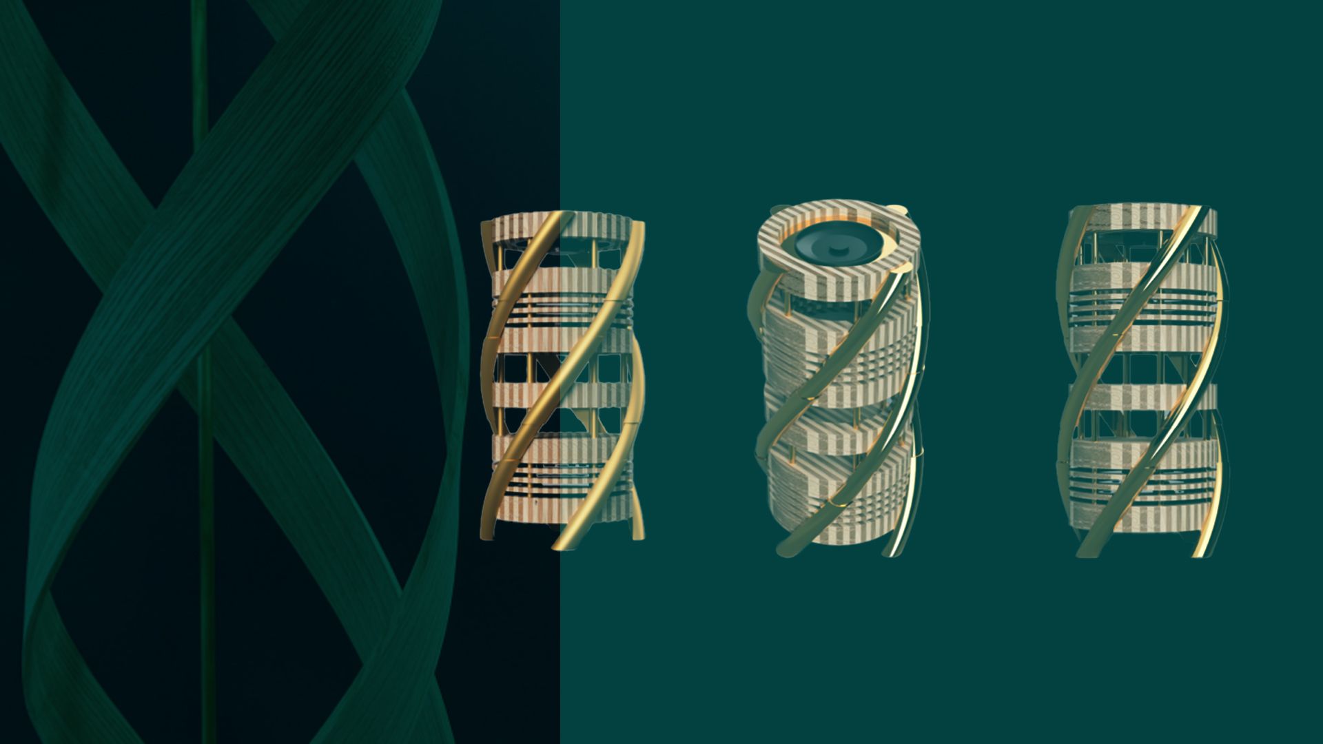 Graphical renders of a speaker and steam bent lamp design - both utilising geometric spiral features.
