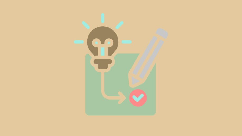 Illustration of a lightbulb connected by an arrow to a tick symbol, with a large pencil beside it.