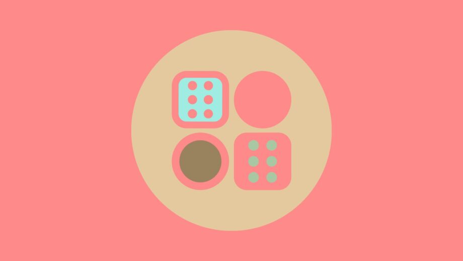 Illustration of four geometric game-piece shapes inside a circle, including dice and round tokens.