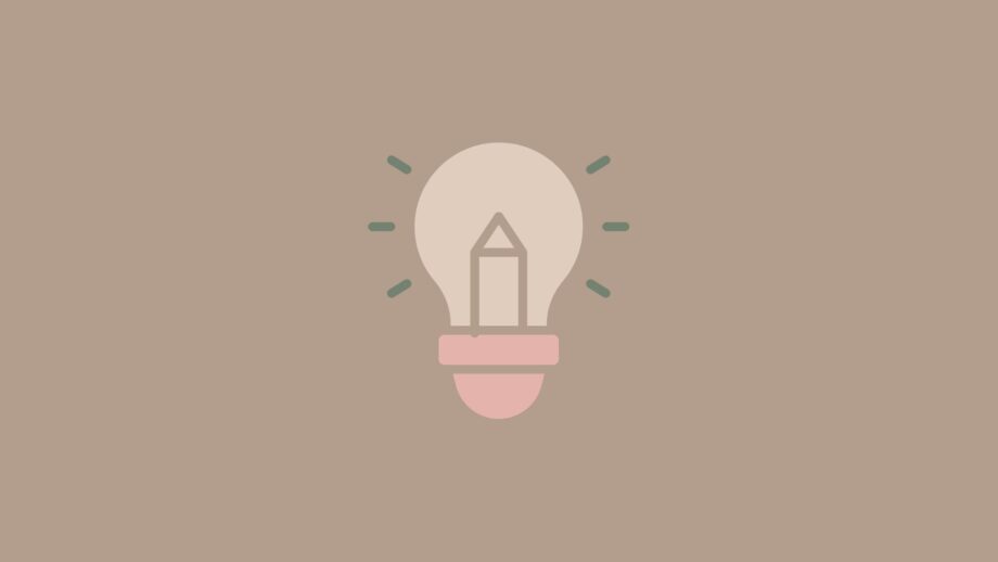 An icon showing a light bulb with a pencil inside the bulb’s outline, symbolising creative ideas. Small green lines radiate outward like rays of light. The design uses soft beige and pink tones on a taupe background.