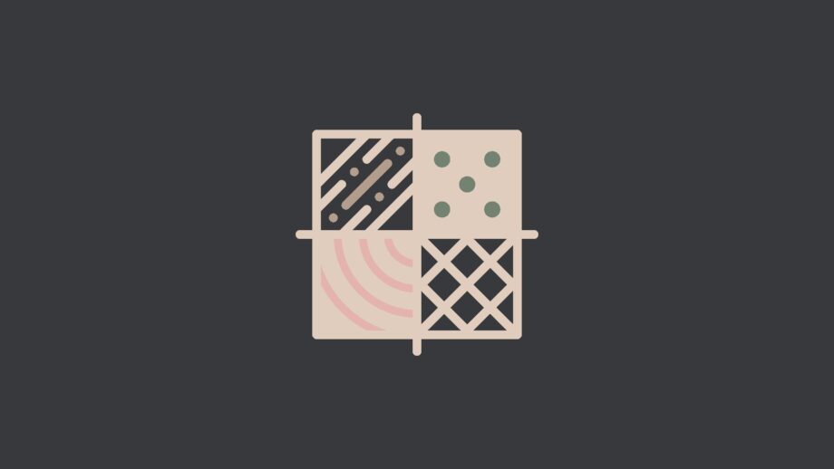 A minimalist icon of four square tiles arranged in a 2×2 grid, each showing a different pattern such as stripes, dots, curves and a lattice design. The tiles are outlined in soft beige against a dark charcoal background, representing product variety and material or texture exploration.