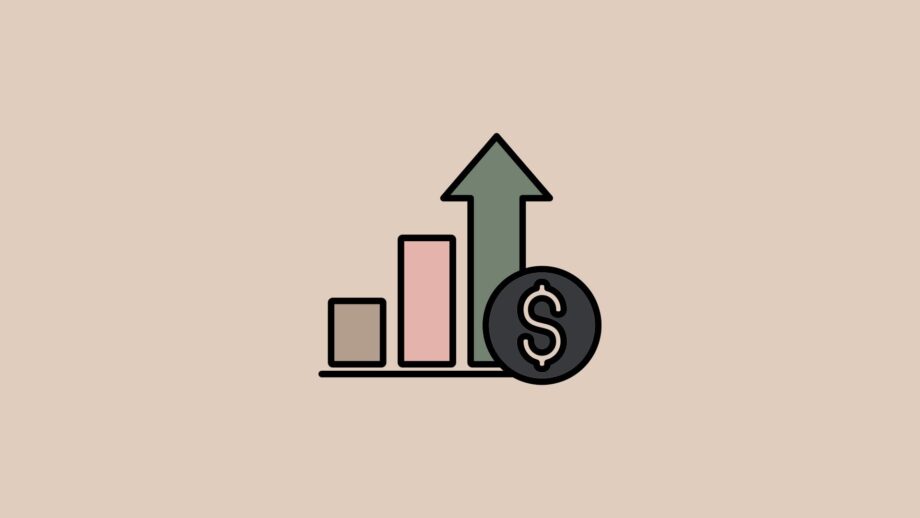 A simple icon of a bar chart with three rising bars in neutral pink and beige tones, next to a green upward arrow and a dark coin with a dollar symbol. Set on a light beige background, the graphic represents profit, pricing and business strategy.