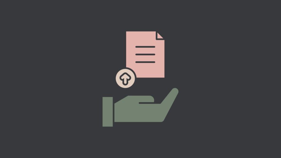A stylised icon of a hand offering an upward-facing document with a small upload symbol. The hand is green, the document is pink, and the background is dark charcoal. The image represents submitting work or uploading project files.