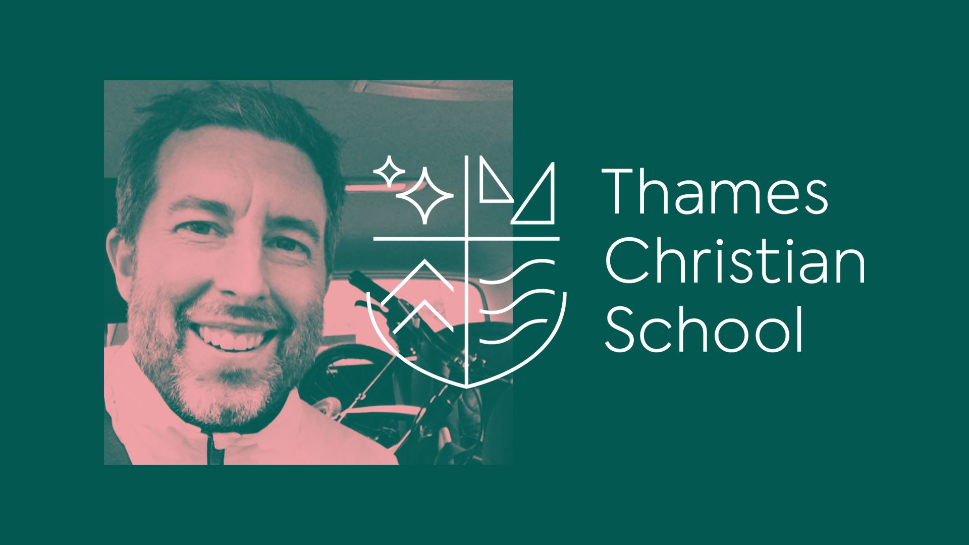Headshot of Design and Technology teacher, Ed Chambers, next to the logo for Thames Christian School.