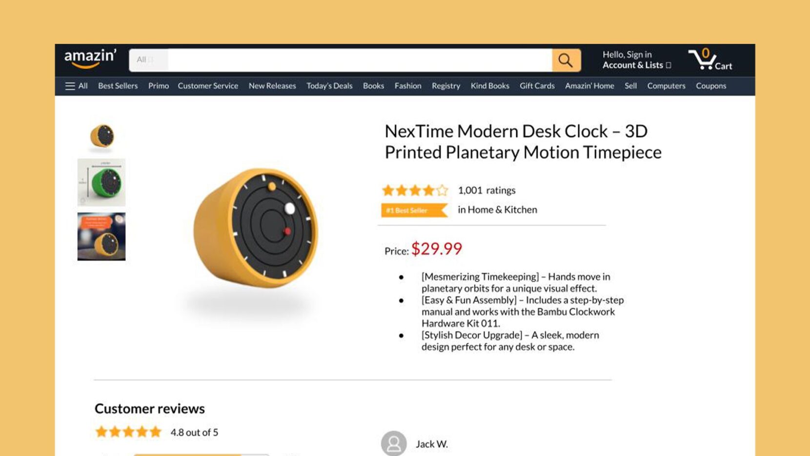 A mock Amazon product page displaying a 3D printed planetary motion desk clock, with photos of the clock on the left and product details, price and customer ratings on the right.