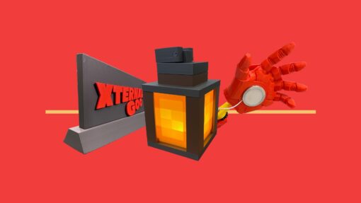 A collage-style image showing 3D printed products including a grey nameplate, a glowing lantern and a red prosthetic-style hand on a bright red background.