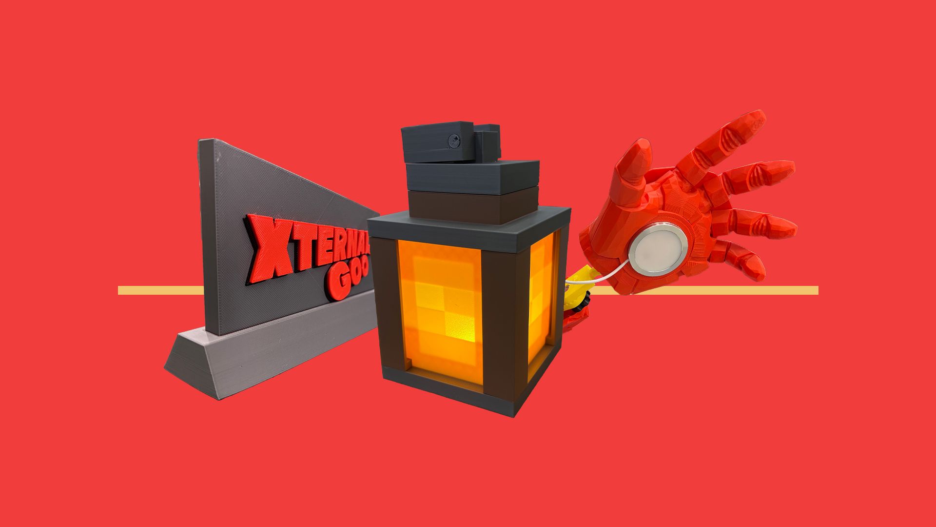 A collage-style image showing 3D printed products including a grey nameplate, a glowing lantern and a red prosthetic-style hand on a bright red background.