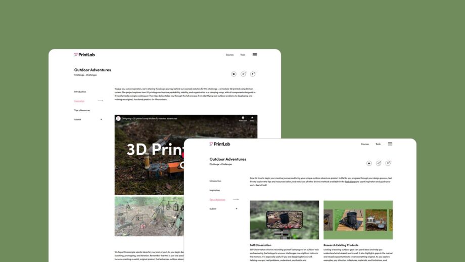 Screenshot montage of the PrintLab Outdoor Adventures challenge, showing the Inspiration and Tips and Resources sections with example videos, project imagery, and design method cards.