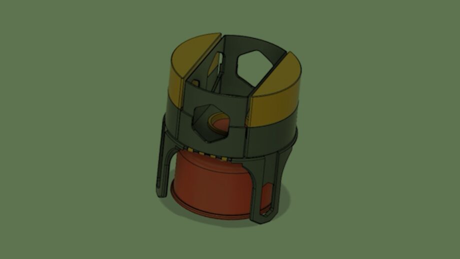 A 3D model of a lightweight camping stove frame designed to fit around a fuel canister, showing cut-outs and structural features for reduced material use.