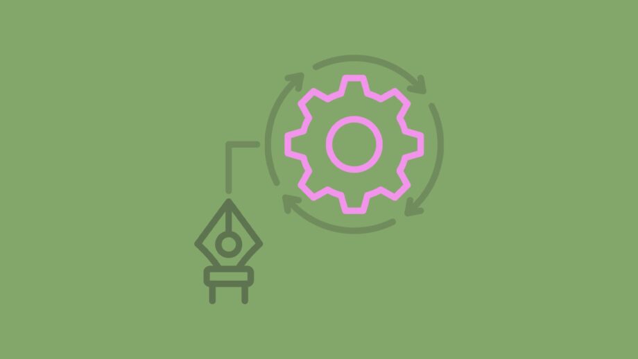Green background with a large green gear surrounded by circular arrows and a connected pen-nib symbol, with the gear outlined in pink to represent component design and iteration.