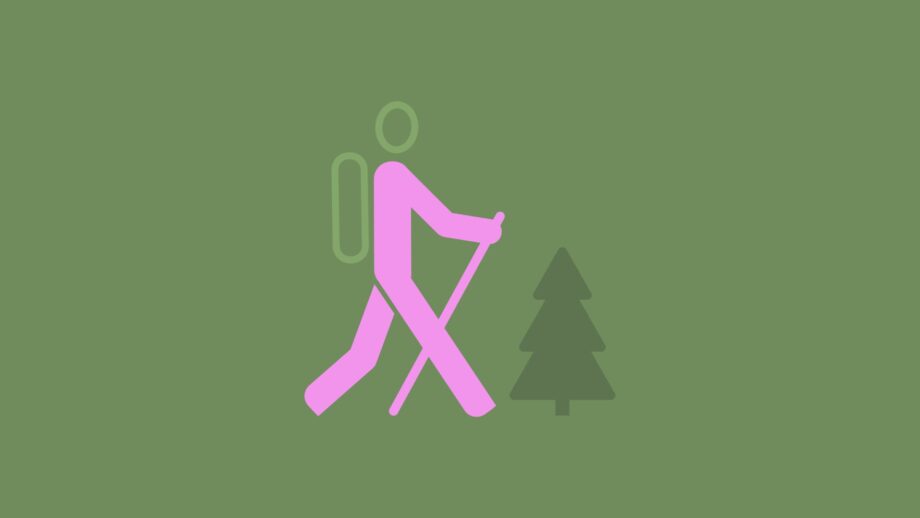 Green background with a pink hiker walking beside a dark green tree, representing creating an original outdoor product idea.