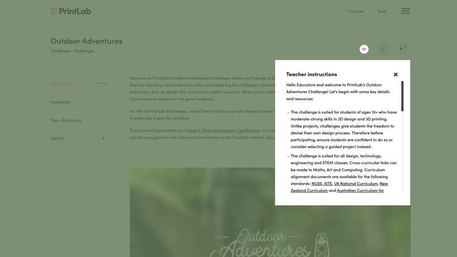 Screenshot of the PrintLab Outdoor Adventures challenge page with a teacher instructions pop-up open, showing guidance on age suitability, required 3D design skills, curriculum links, and classroom use.