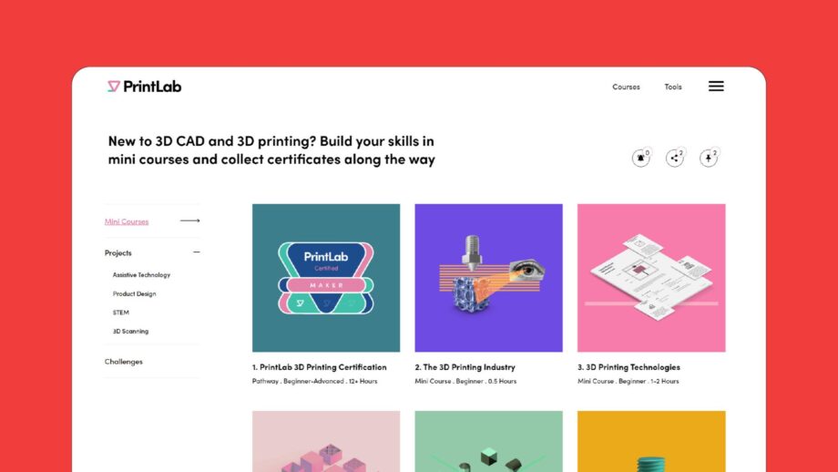 A screenshot of the PrintLab course library homepage showing beginner mini courses related to 3D printing and CAD.