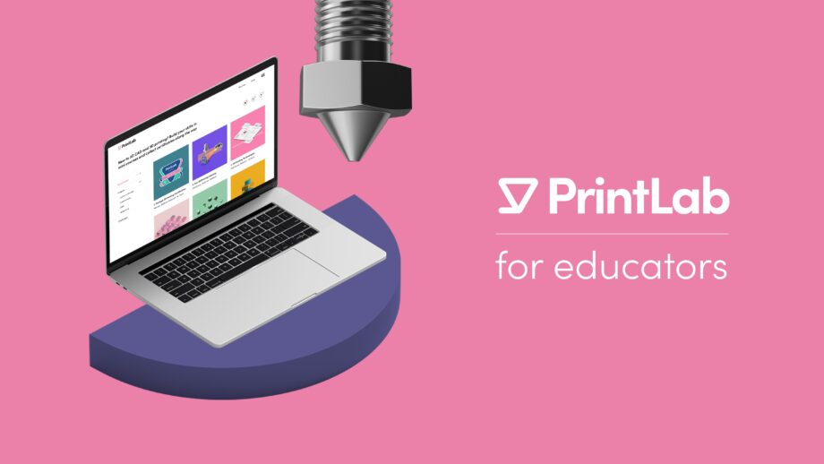 Promotional graphic showing an open laptop displaying the PrintLab learning platform on a pink background, with a 3D printer nozzle above and the text 'PrintLab for educators' on the right.