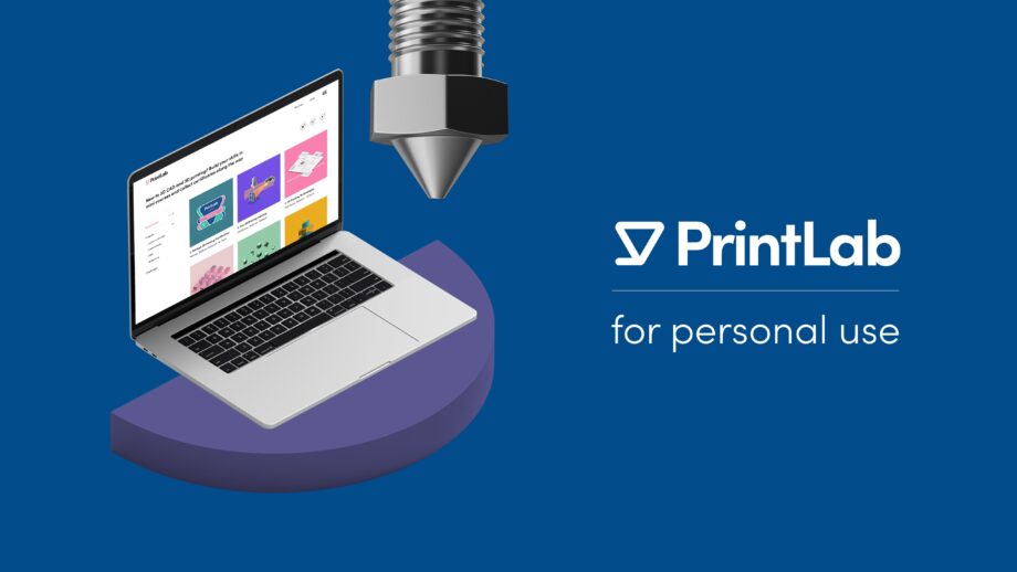 Promotional graphic showing an open laptop displaying the PrintLab learning platform on a blue background, with a 3D printer nozzle above and the text 'PrintLab for personal use' on the right.