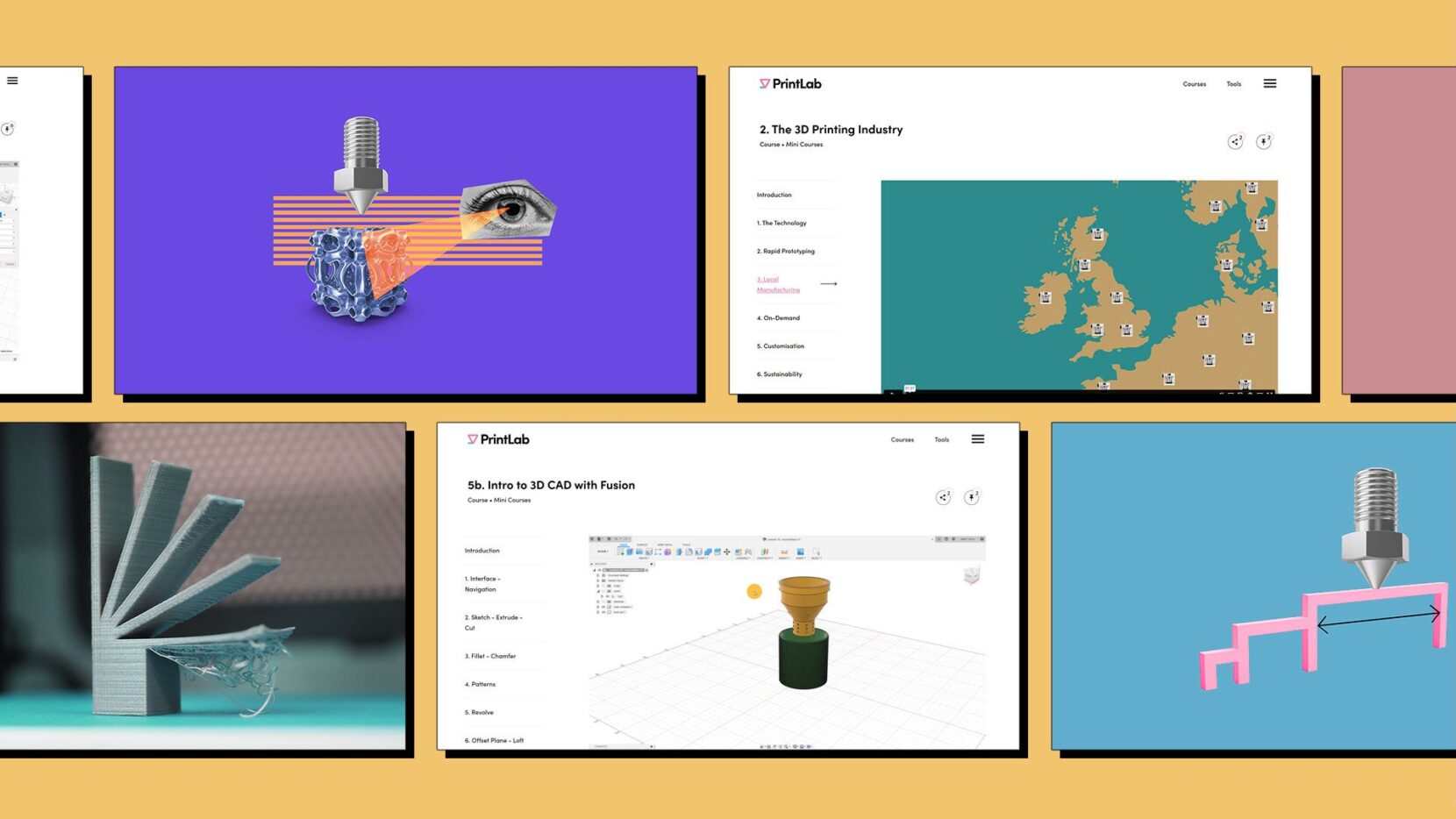 A collage of PrintLab mini course screenshots and 3D printing graphics arranged on colourful backgrounds.