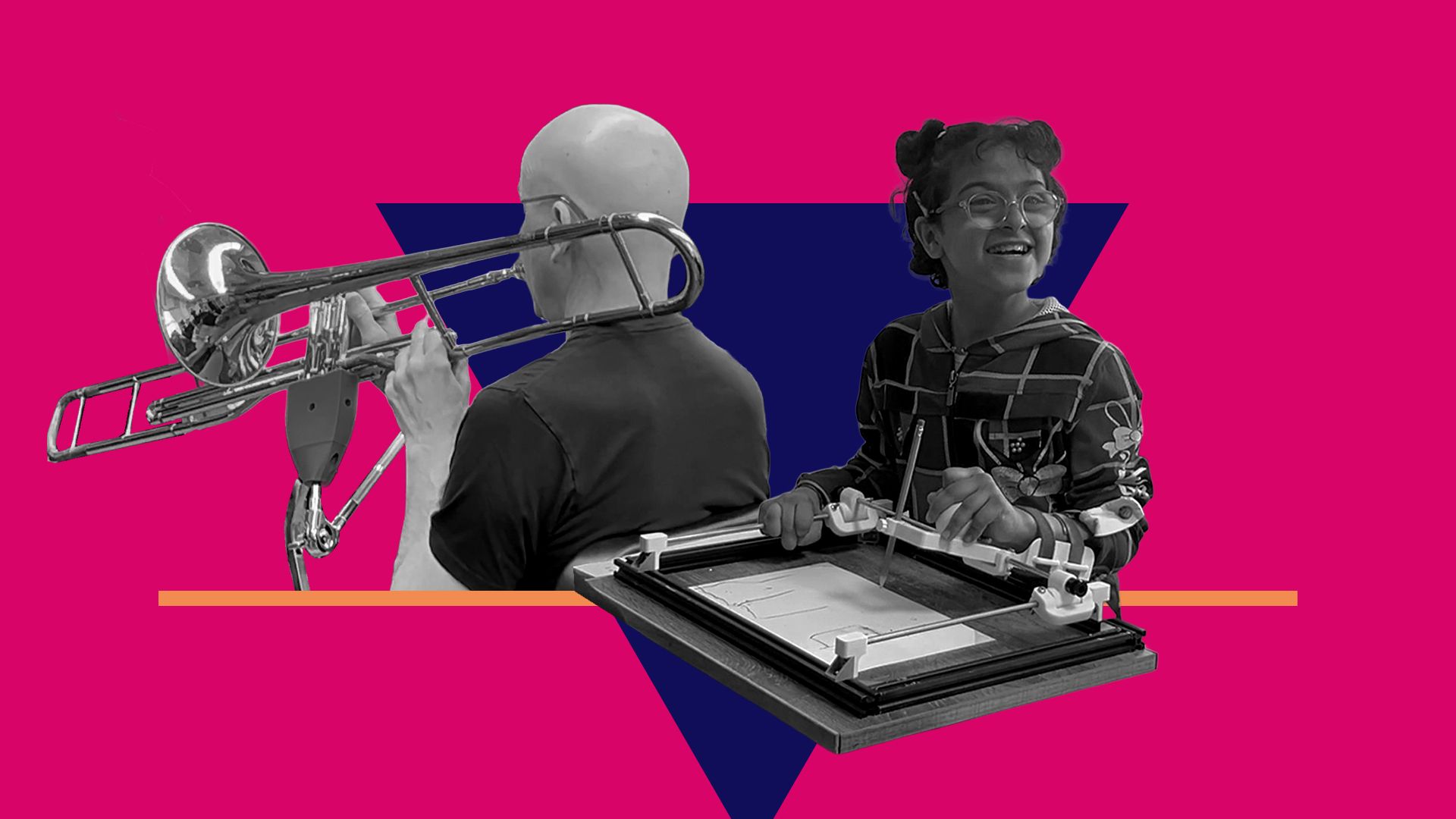 A black-and-white collage showing a person playing a trombone with an assistive support and a smiling child using an adapted drawing or writing board, set against a bold pink background with geometric shapes.