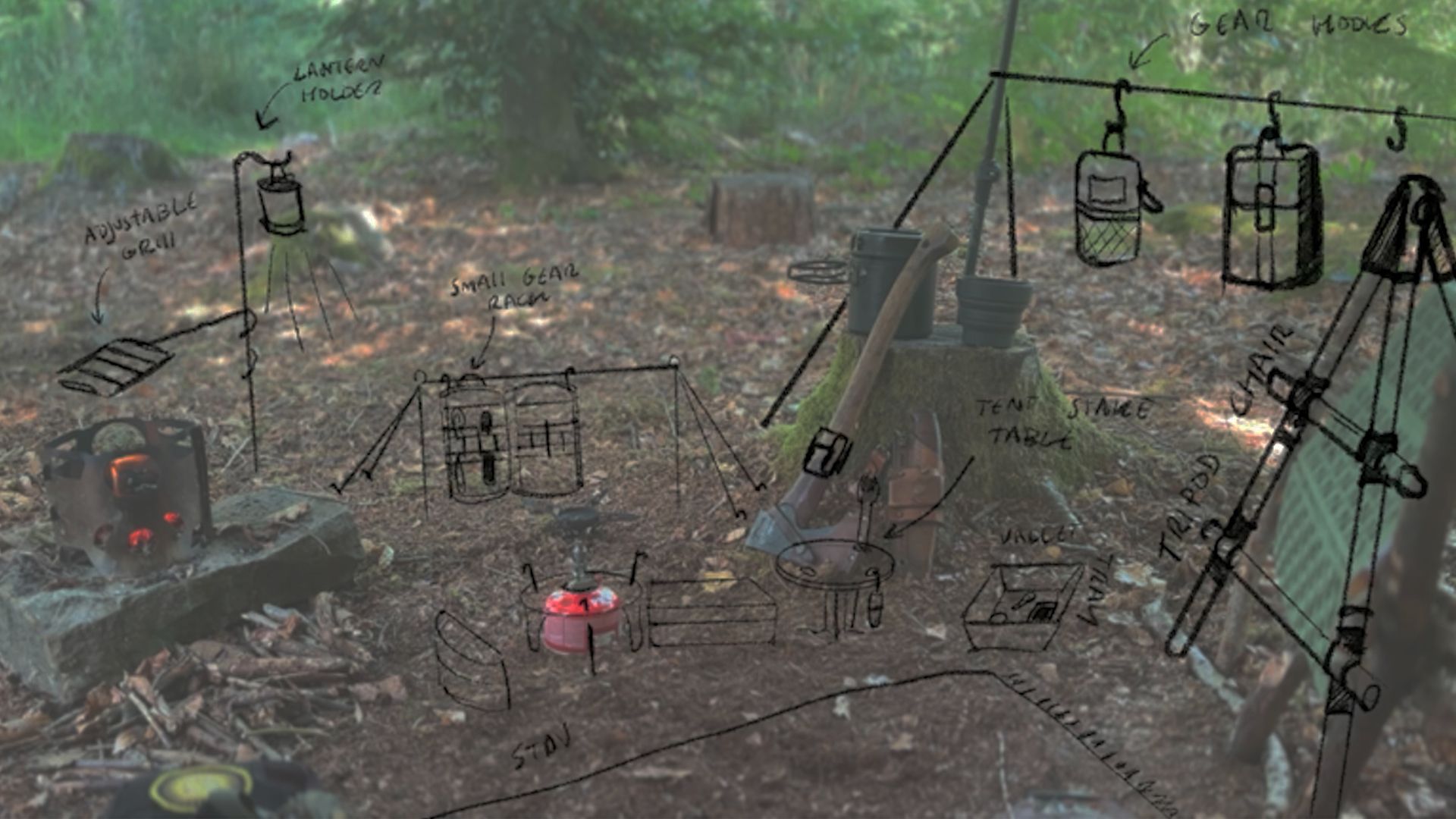 A woodland campsite scene with faint pencil sketches overlaid. The sketches show early concept ideas such as a lantern holder, adjustable grill, small gear rack, tent stake table, tripod chair and gear hooks, illustrating the ideation stage of designing outdoor equipment.