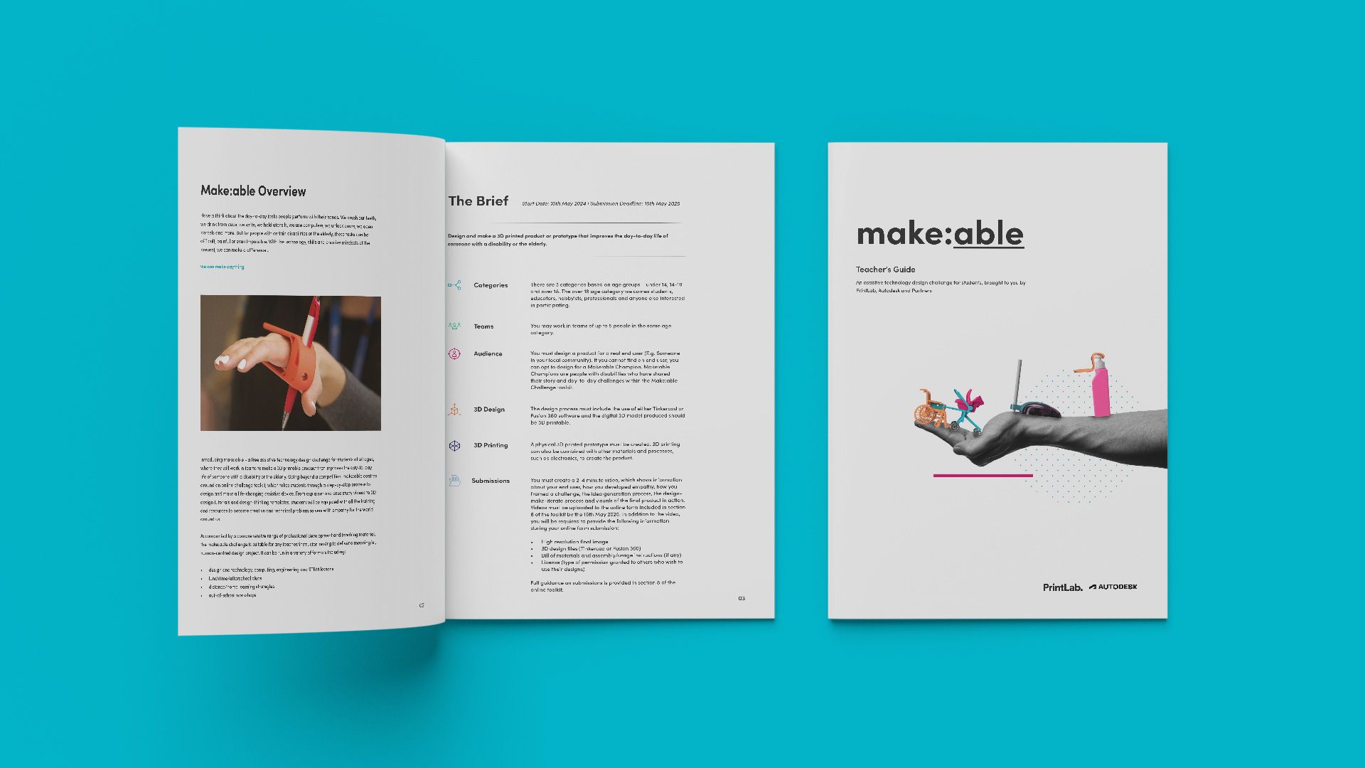 Students in a classroom gather around a student using a powered wheelchair while peers in matching red shirts lead a discussion, with computers and other students visible in the background. A screenshot of the MakerWorld page for the DRAG assistive writing and drawing device, showing a close-up of a hand using the mouse-shaped tool to write, along with print settings, downloads, and project details. An open Make:able Teacher’s Guide booklet displayed on a turquoise background, showing the challenge overview and brief on the inside pages, alongside the cover featuring assistive devices resting on an outstretched hand.