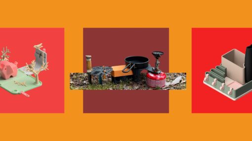 Hero collage showing three 3D printed design challenge themes: a desktop game, an outdoor camping setup, and a modular homeware organiser on bold coloured backgrounds.